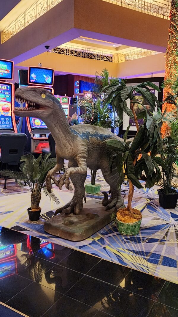 Blue Velociraptor Animatronic Prop With Assorted Palm Trees - Image 3